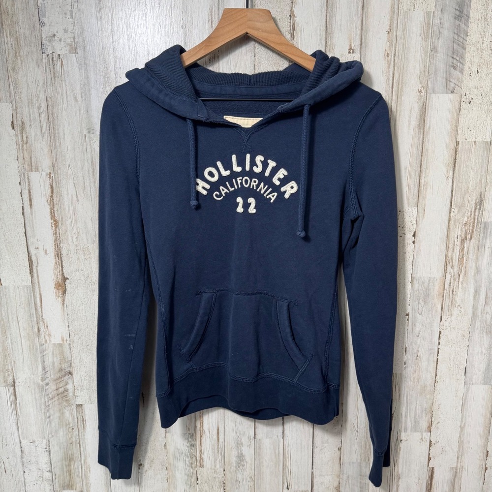 Vintage Y2K Hollister Navy‎ Blue White Embroidered Hoodie Womens Medium